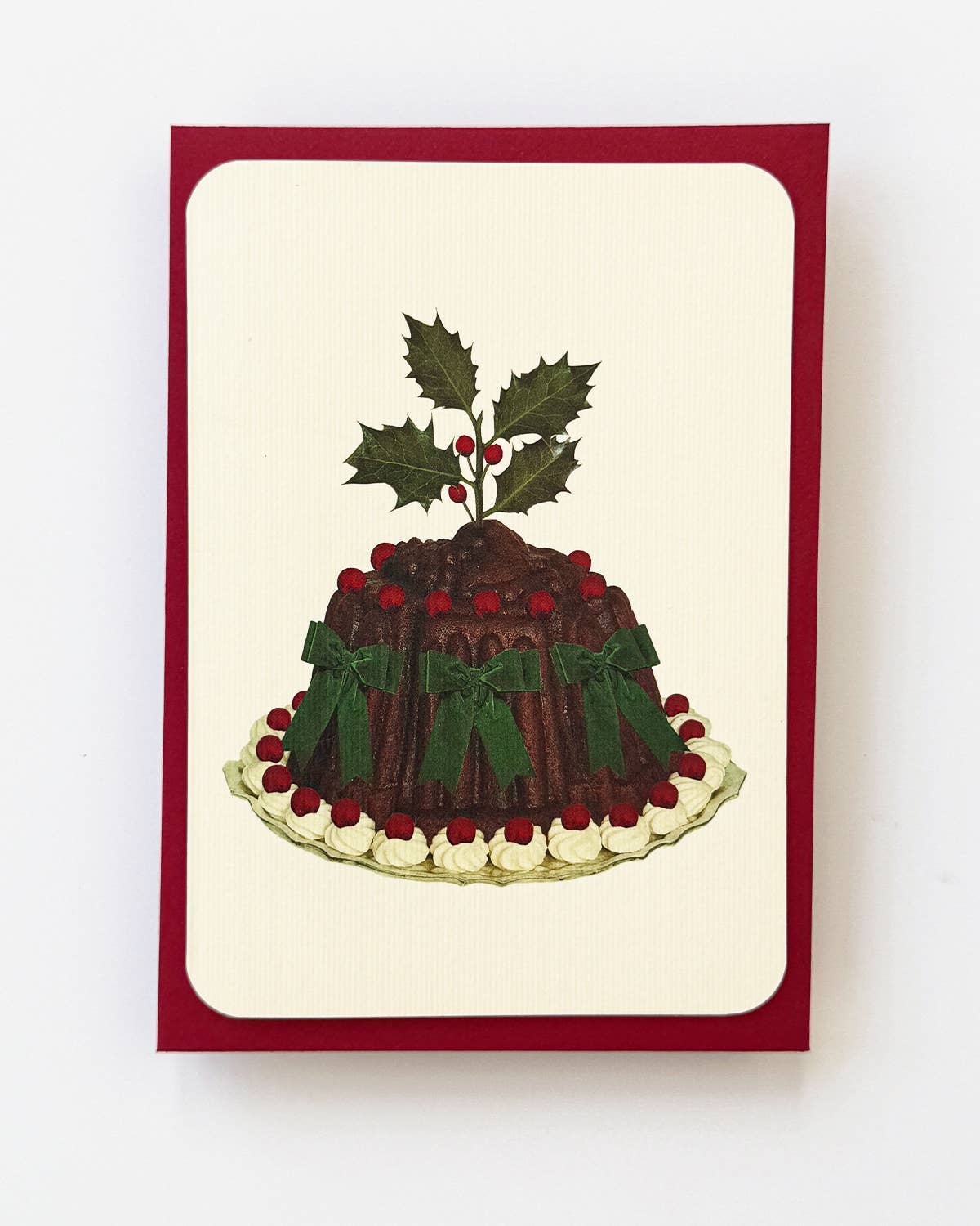 Canonbury Press – wholesale Christmas card – Christmas Plum Pudding Green Bows Greeting Card | Luxury1