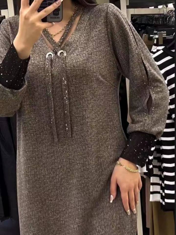 GREY Elegant Midi Dress with Tassel Accent for wholesale on Faire2