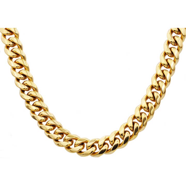Men's 14mm Gold Stainless Steel Cuban Link Chain Necklace With Box Clasp for wholesale by Blackjack Mens Jewelry
