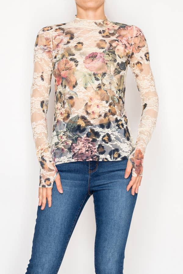 Sheer Flower Lace Mesh Long Sleeve Top – OLS-4865BG-LEO FL for wholesale on Faire