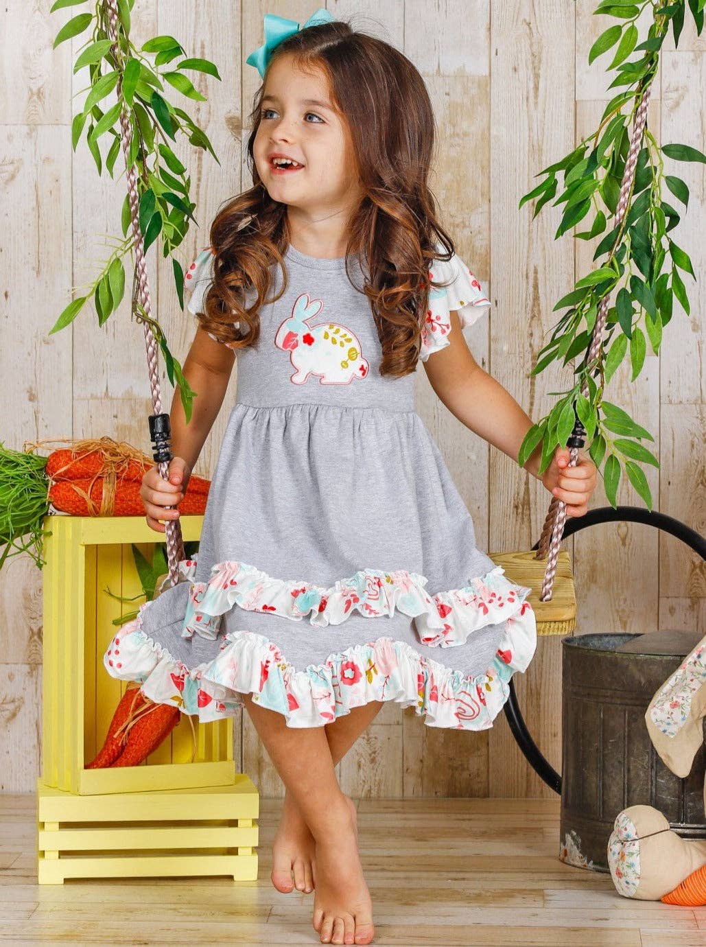 Mia Belle Girls • Wholesale - Wholesale Dress - Kids - Bunny Flutter Sleeve Tiered Ruffle Dress0