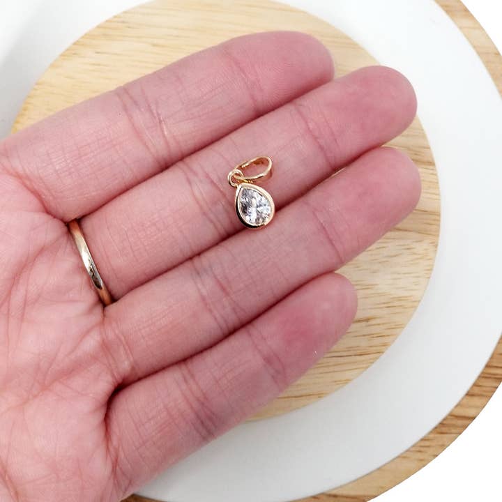 Aim Eternal - Wholesale Individual Charm/Pendant - Dainty Tiny Delicate Tear Drop Charm Bezel Set CZ gold filled set with cubic zirconia accent 6mmX15mm for Necklace Earring Jewelry making