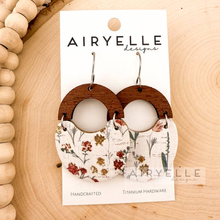 Cottage Flower Cork + Leather Wood Scoop Earrings for wholesale by Airyelle Designs