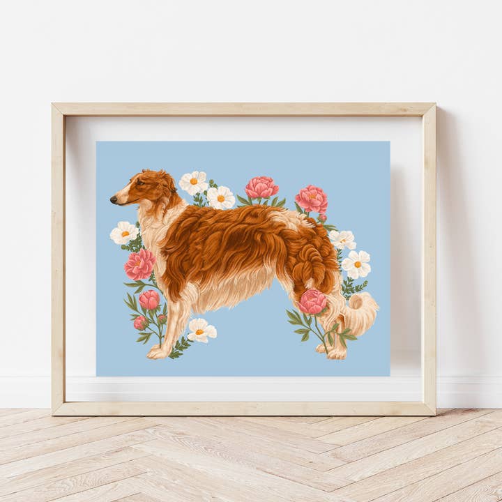 Kunstdruck „Barzoi Dog“, rosa Pfingstrose und Matilija-Pfingstrose für den Großhandel von Cailee Corbett