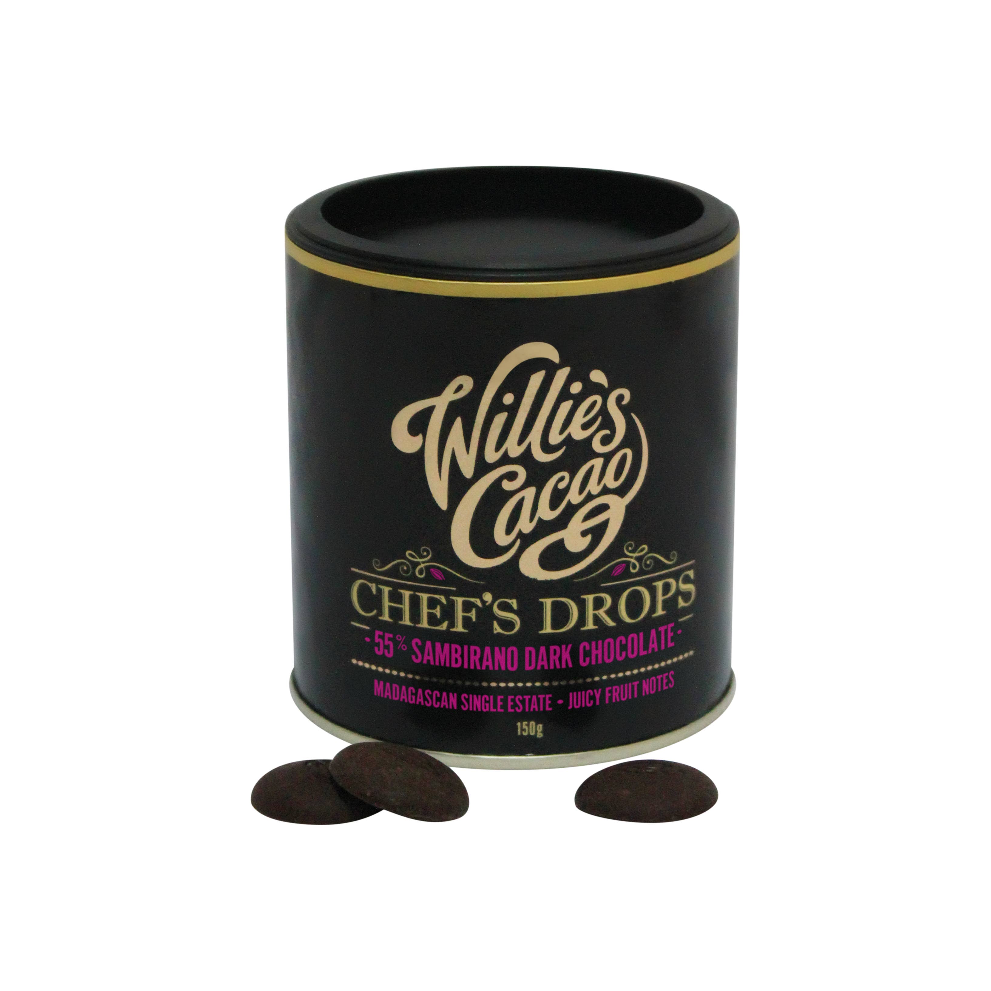 Willie's Cacao - Wholesale Chocolate - Chefs Drops. Sambirano 55% couverture dark chocolate. Fruity