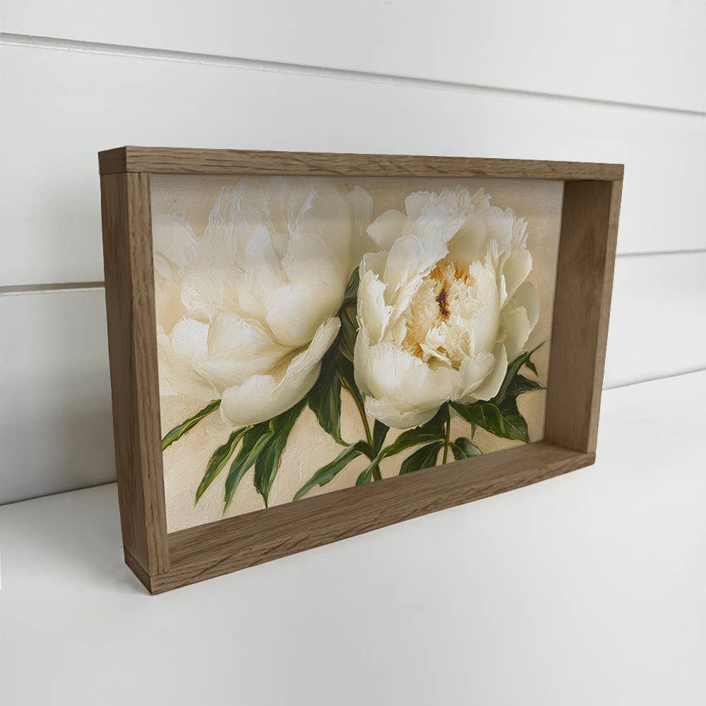Hangout Home - Wholesale Sign - White Cream Peonies Wall Art Print with Wood Frame0