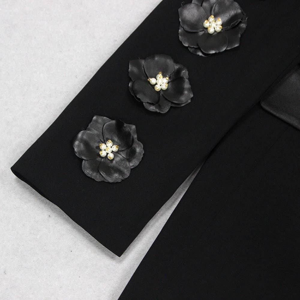 Black SET6-21 Elegant Floral Ruffle Blazer & Flare Pant Suit for wholesale on Faire12