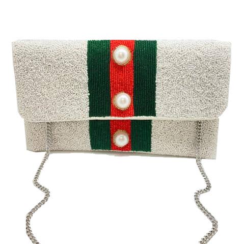 White Clutch With Red And Green Stripe With Pearls for wholesale by Pizzazz, Inc.