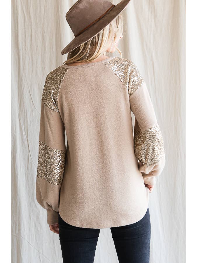 7th Ray - Wholesale Knit Top - Women's - Women's Casual Brush Knit Top with Sequin Contrast T4399