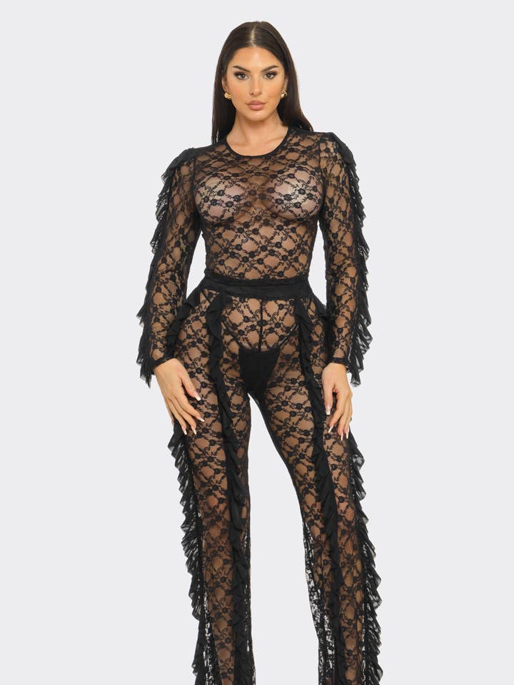 Spitzen-Set mit Netz-Seitenrüschen-Top und ausgestellten Hosen für den Großhandel von Julia by LoveJ