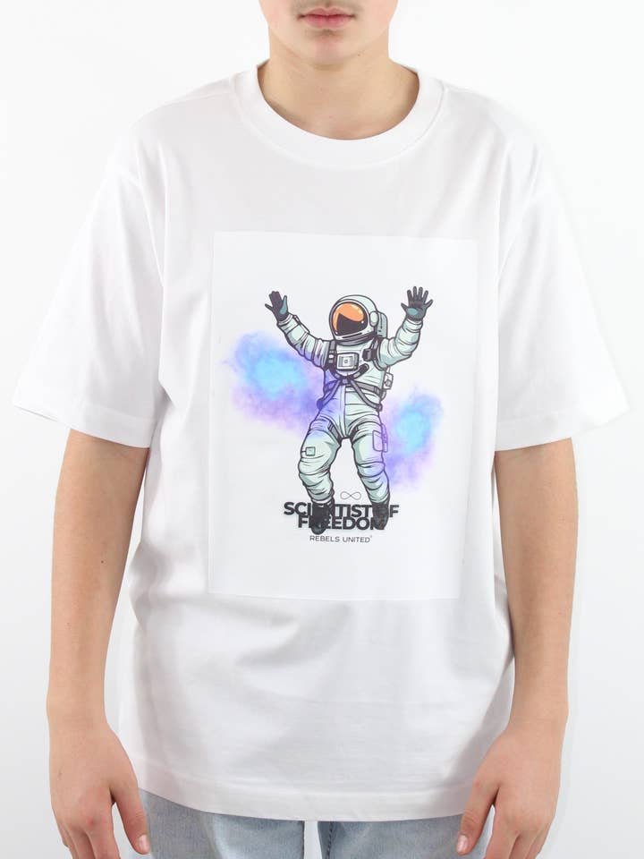 T-shirt organica unisex, bianca - Scientist of Freedom per la vendita all'ingrosso da parte di Rebels United