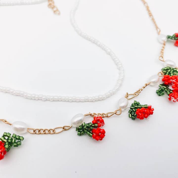 Pearl Cherry Hand-woven Cherry-shaped Double-layer Choker Necklace for wholesale on Faire