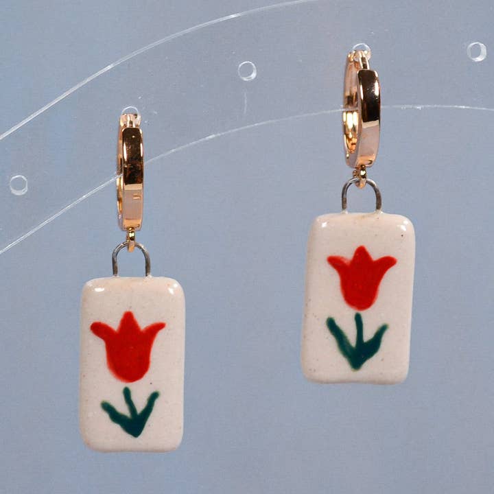 Red Tulip Ceramic Latch Back Hoop Earrings for wholesale by Juice Ceramics Handmade Pottery and Jewelry