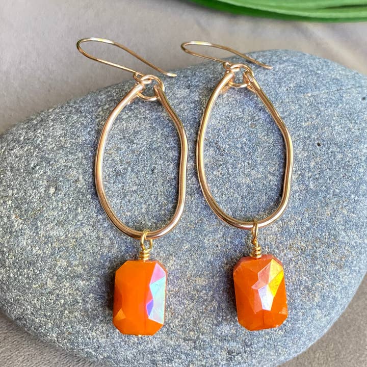 Gold Hoop Earrings Organic Crystal Orange Earrings Dangle for wholesale by Marble Designs Jewelry