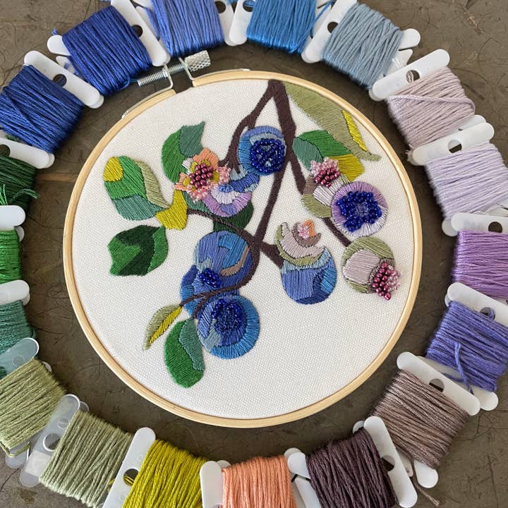 Kate Wyatt Fine Art – wholesale DIY craft kit – DIY Embroidery and Beadwork Kit - Blueberry Blossoms (5")2
