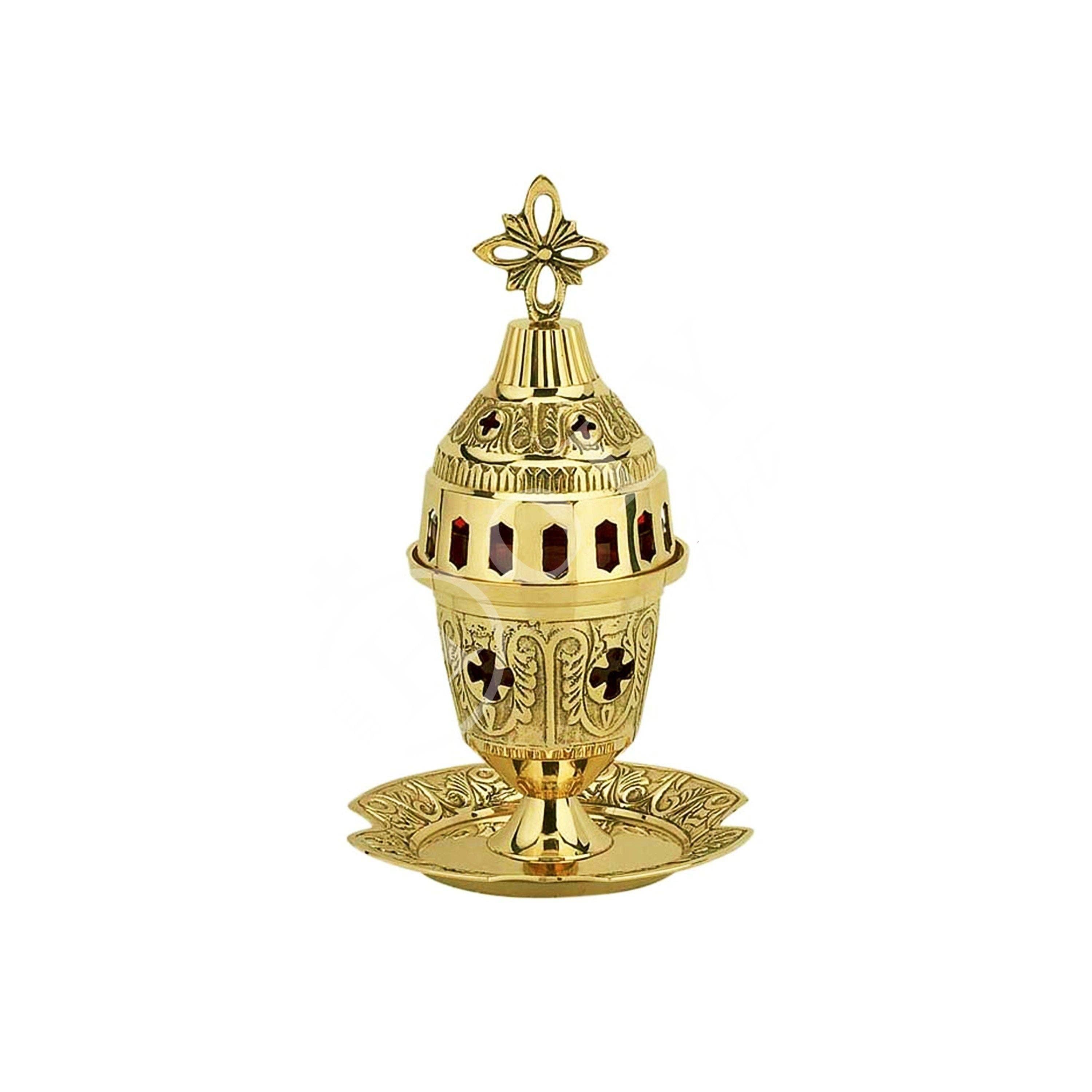 TheHolyArt - Wholesale Decorative Tabletop Object - Christian Brass Table Oil Vigil Lamp with Cross, Metal Hand-painted Prayer Standing Oil Lamp, Orthodox Oil Candle with glass cup, religious0