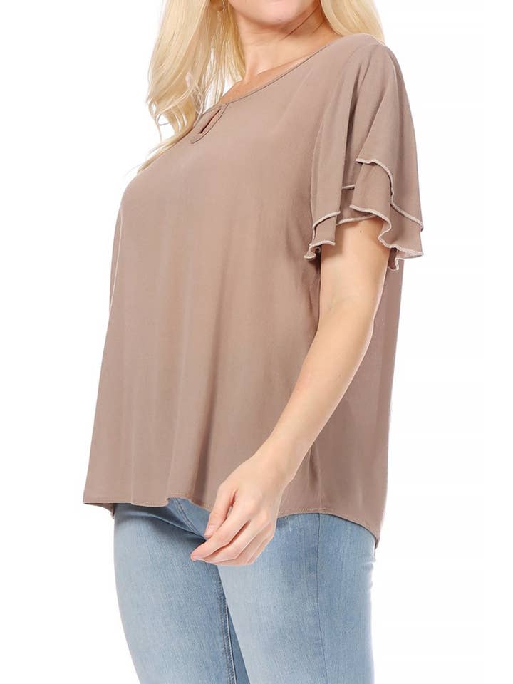 MOA COLLECTION - Wholesale Blouse - Women's - Casual Solid Flowy Short Flutter Sleeve Key Hole Blouse29