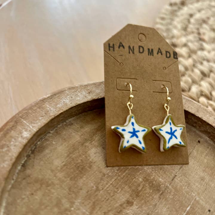 Keely Siebenthal Art & Designs - Wholesale Dangle Earrings - Handmade Clay Earrings- Stars Blue + White Starfish4