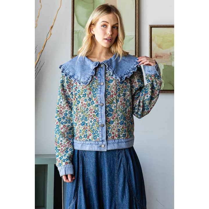 Vintage Jacquard Ruffle collar Denim Jacket for wholesale on Faire