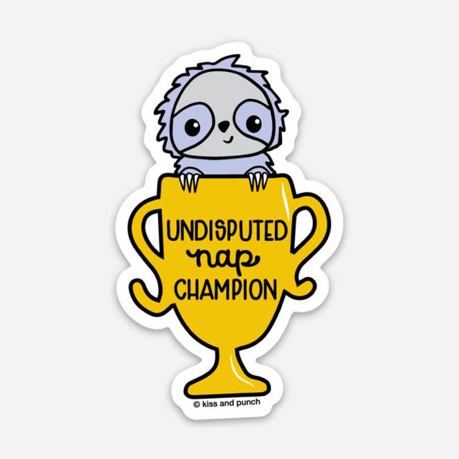 3 Inch Sloth Nap Champion Vinyl Sticker for wholesale by Kiss and Punch