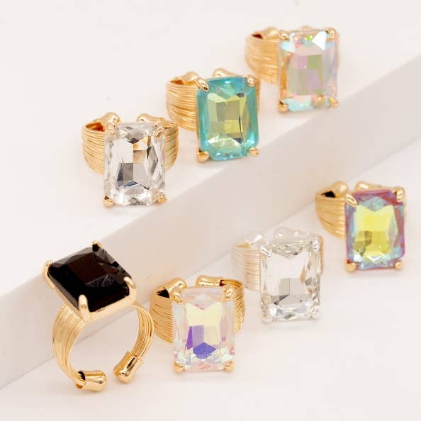 StarryNYC - Wholesale Cocktail/Statement Ring - Square Glass Cushion Cut Cocktail Adjustable Wire Ring