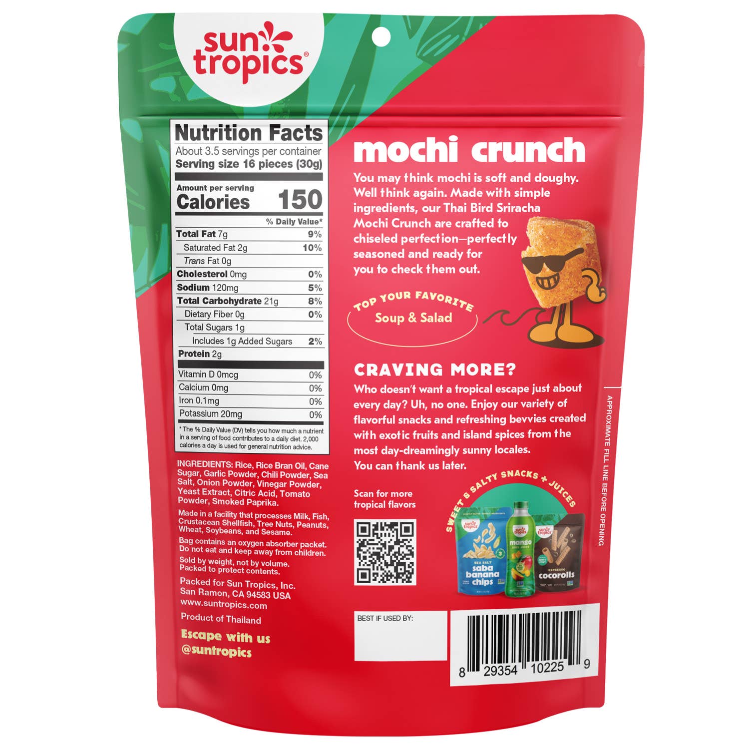 Sun Tropics - Wholesale Gepofte snack - Sun Tropics Mochi Crunch - Thaise Vogel Sriracha, 12 x 3,5 oz1