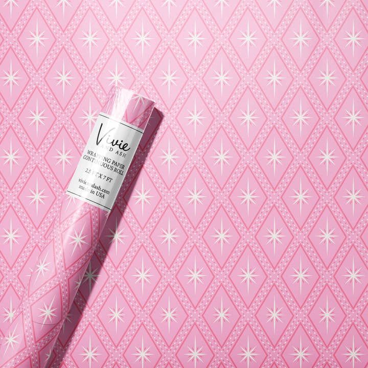 Roze Midcentury Sterrenexplosie Cadeaupapier Rol voor wholesale door Vivie and Ash