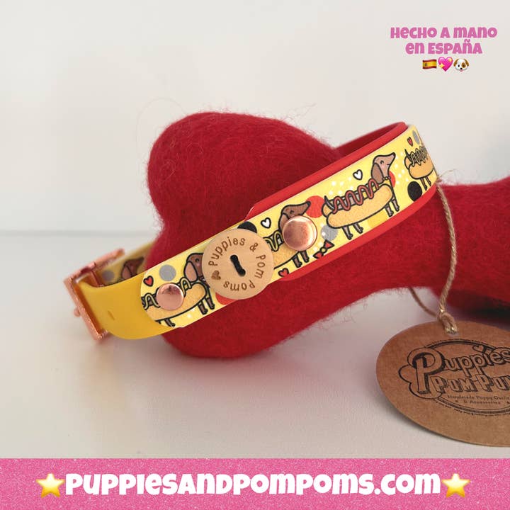 Puppies & Pom Poms - Wholesale Pet Collar - Dog - España Hot Dog Dachshunds Handmade Dog Collar - Vegan / Waterproof Biothane