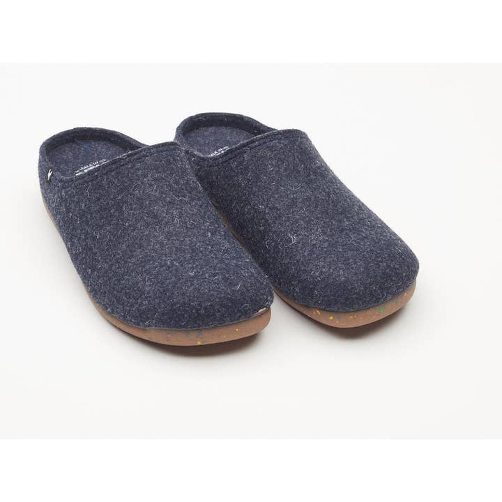 Women's navy blue felt mule slippers withrubber soles, 100% recycled materials for wholesale by Walk In Pitas UK