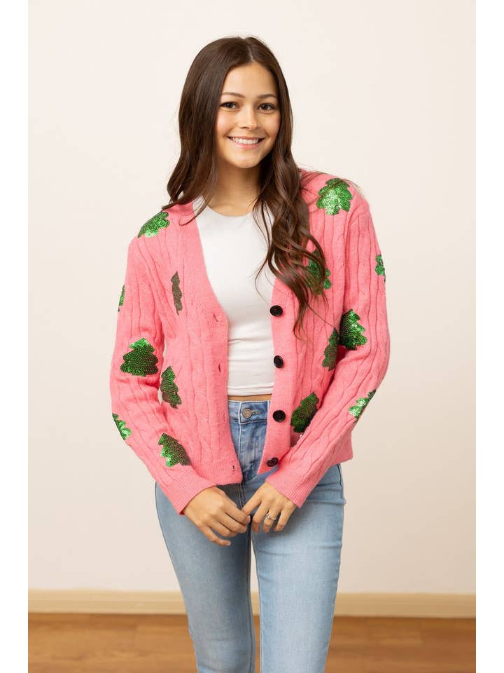Pink Sequin Trees Cardigan for wholesale on Faire