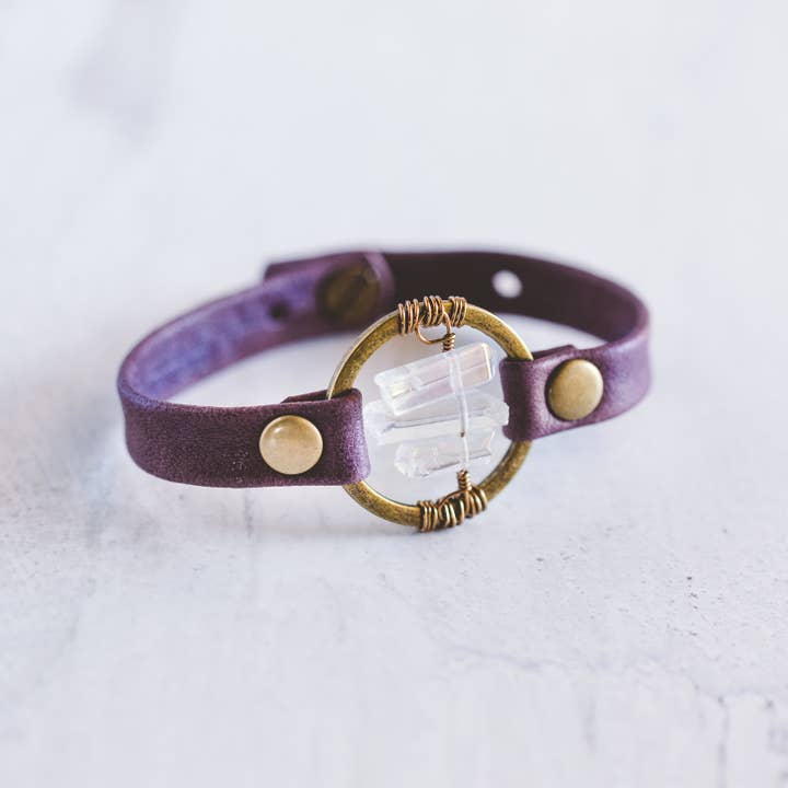 Giving Bracelets - Wholesale Bangle Bracelet - Be the Light Leather Bracelet-Antique Brass-Quartz Crystal5