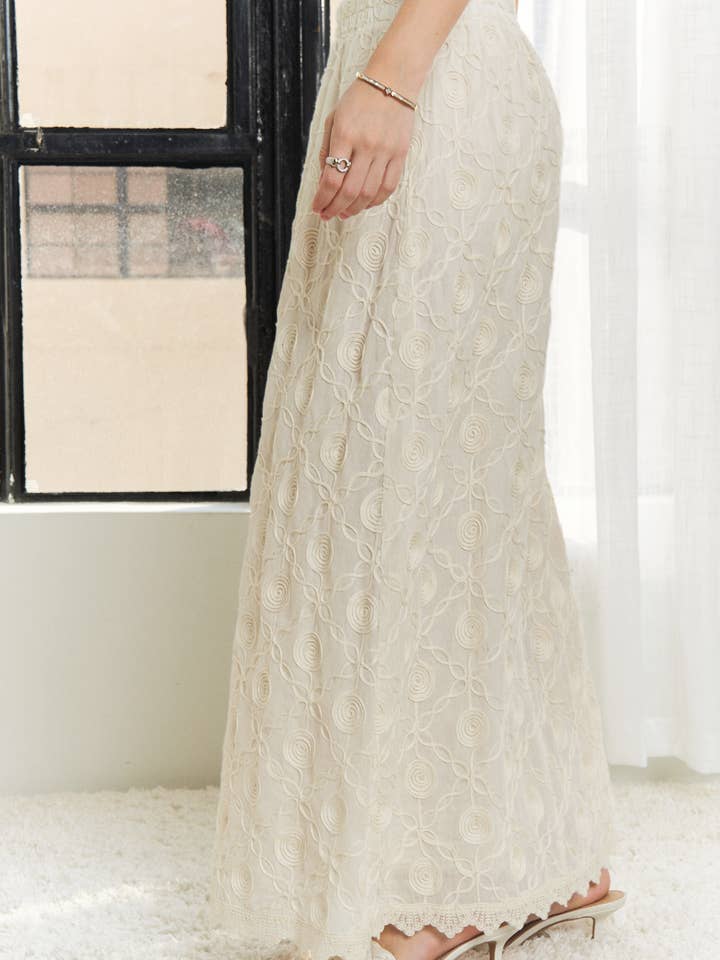 BEIGE CES3779WN- ELASTIC WAIST APPLIQUE MAXI SKIRT for wholesale on Faire