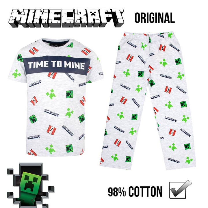 Fringoo Group Ltd – Engroshandel Pyjamasæt - Børn – Minecraft Pyjamas Kortærmet - 'Time to Mine' Grå1