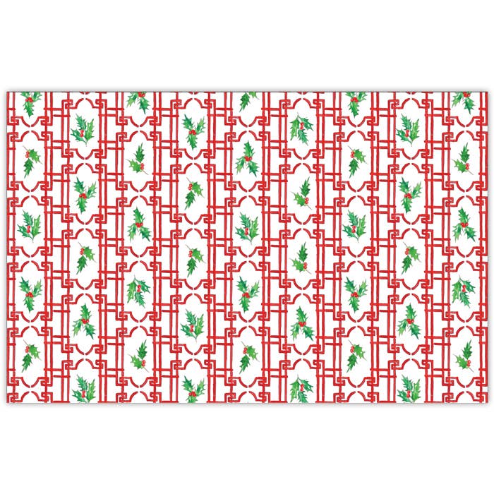 Set de table en treillis rouge peint à la main avec houx pour la vente par RosanneBeck Collections