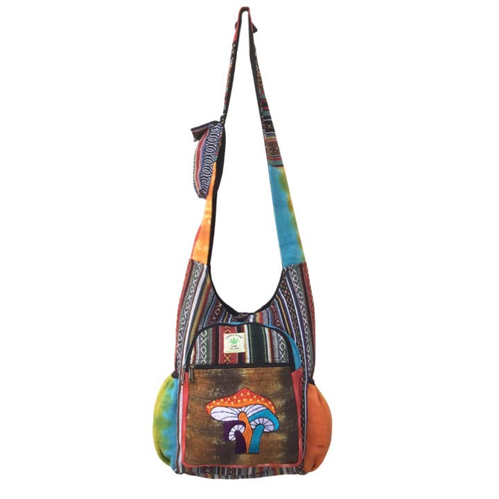 Multi Colored Trippy Mushrooms Embroidery Hemp and Cotton Tie Dye Hobo Bag for wholesale on Faire