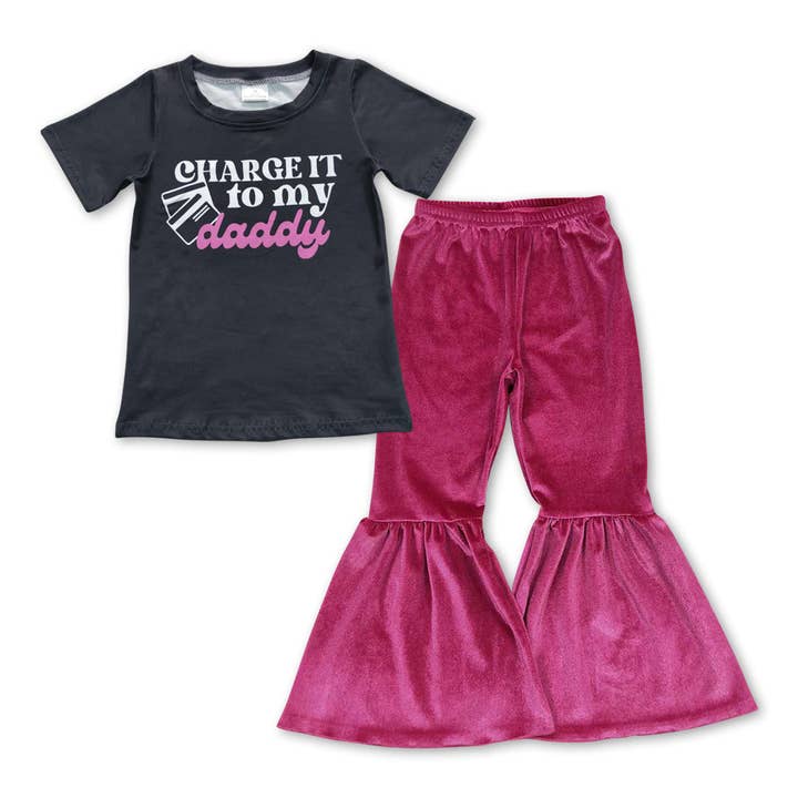 Girls Charge It To My Daddy Shirt Black Pink Velvet Pants Cl for wholesale by Aier Wholesale