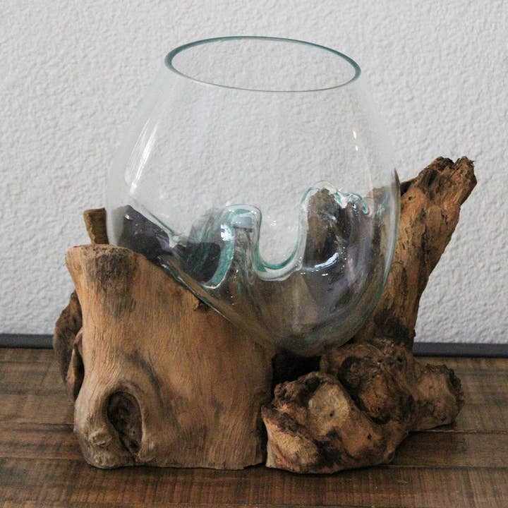 CB Home Collection - Wholesale Decorative Plate/Dish/Bowl - 10" Large Melted Glass Bowl on Driftwood - Each is Unique1