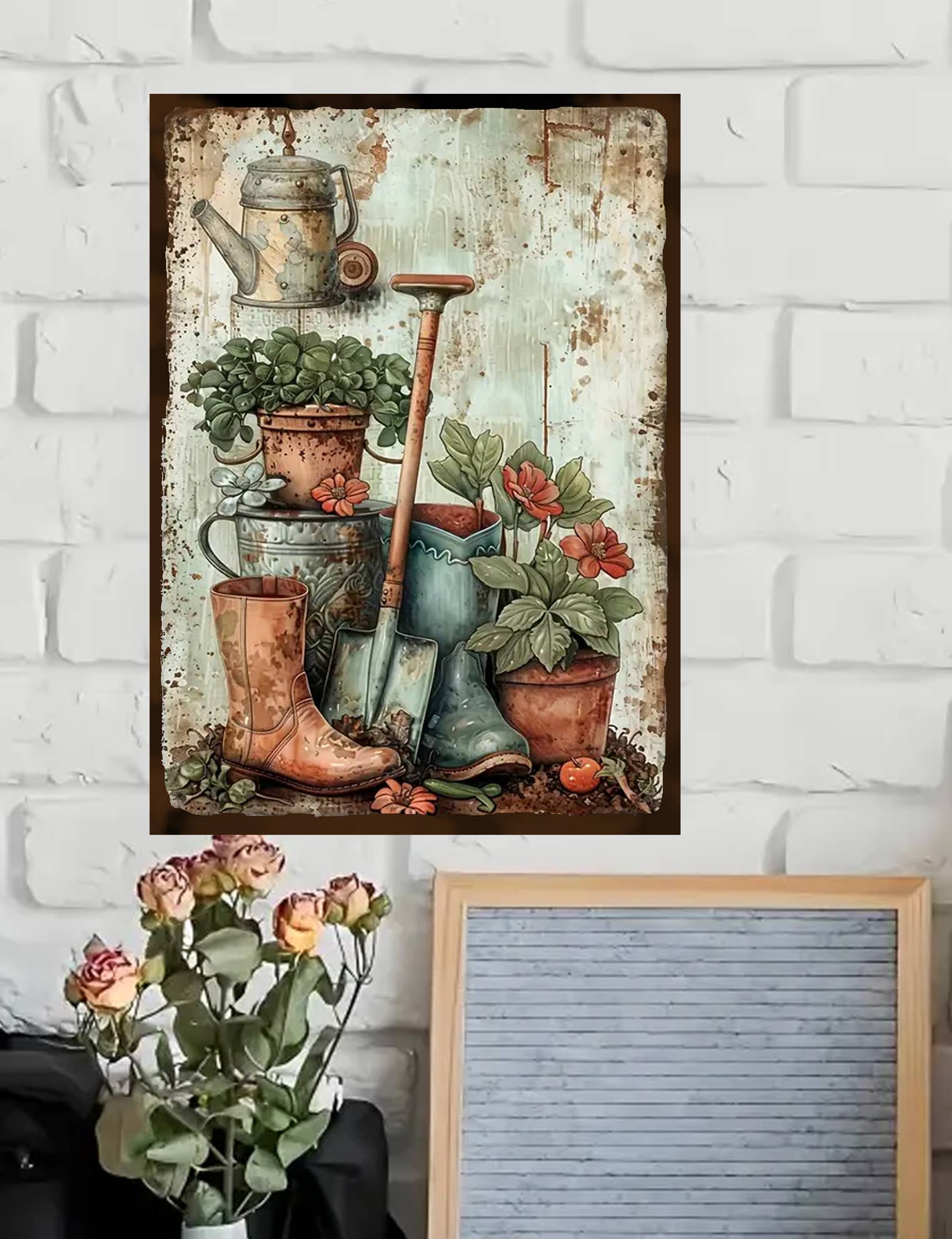 Bad Bunny Designs - Wholesale Art Print - Gardening Scene Plants & Boots  Metal Sign
  

           1