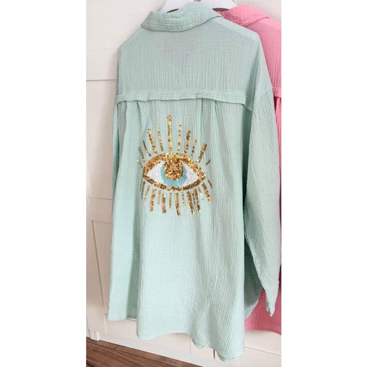 6224 Mint Oversized Evil Eye Gauze Cotton Shirt LOOWIE for wholesale by LOOWIE