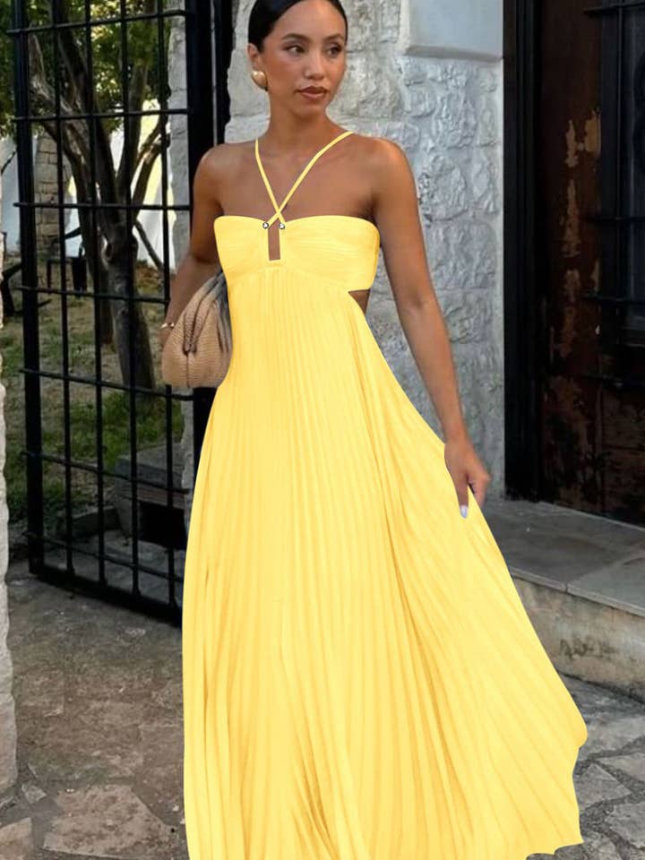 Plunging Halter Pleated Maxi Dress for wholesale by Aria Romance