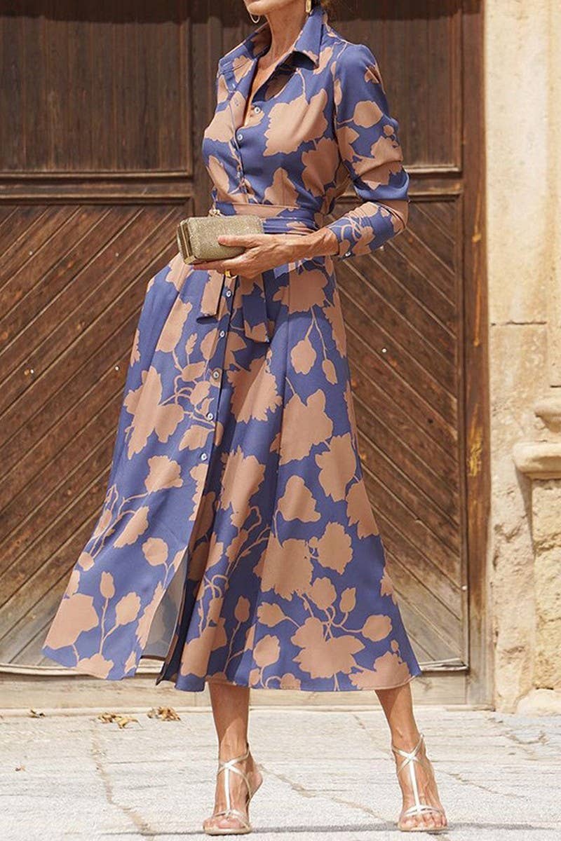 POURPRE CWDMD01365_ROBE ÉLÉGANTE IMPRIMÉE À MANCHES LONGUES ET MI-LONGUE en vente sur Faire2