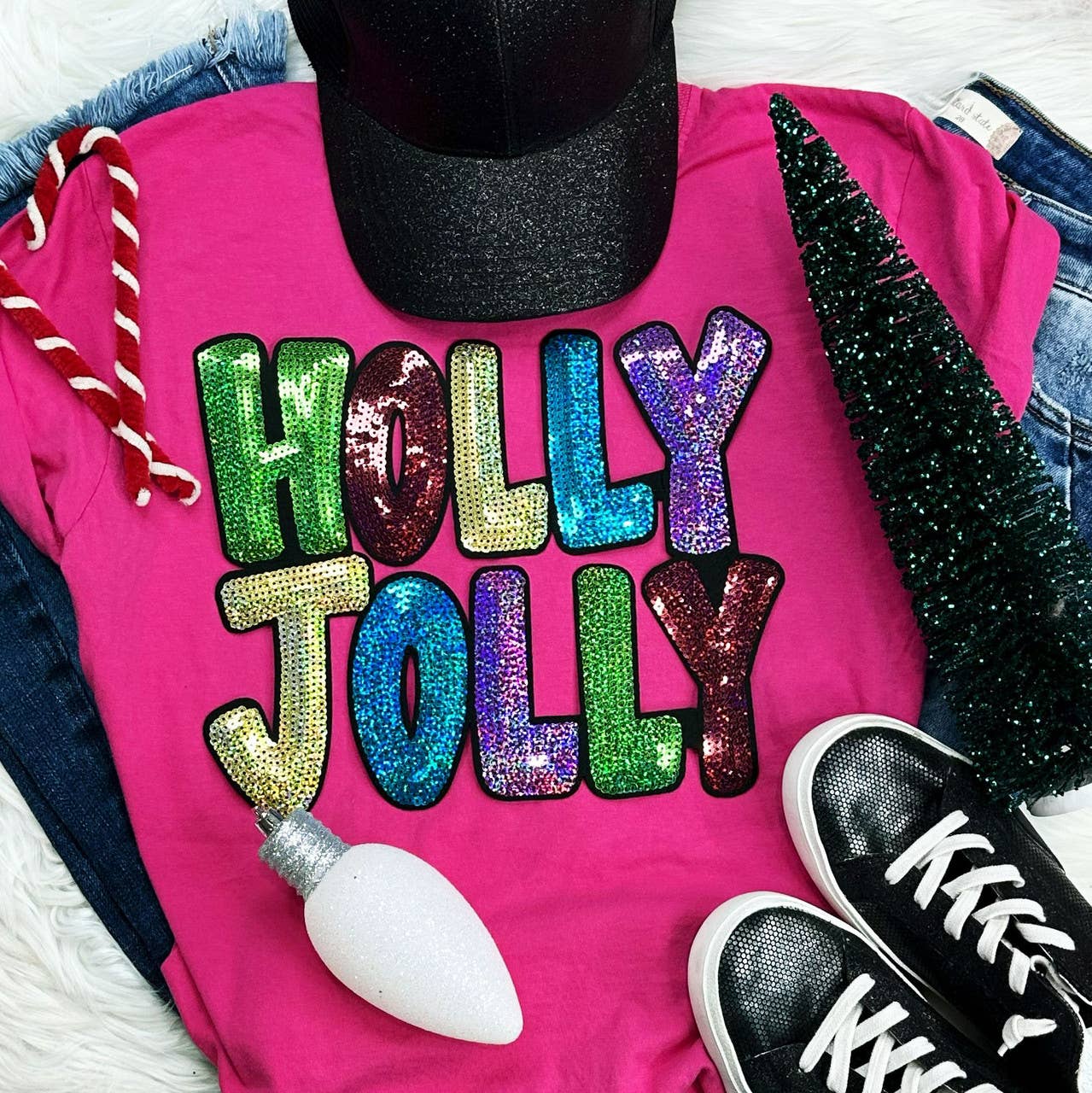 Trendy Tee Co. - Wholesale T-Shirt - Women's - Sequin Holly Jolly Chenille Patch Everyday Tee