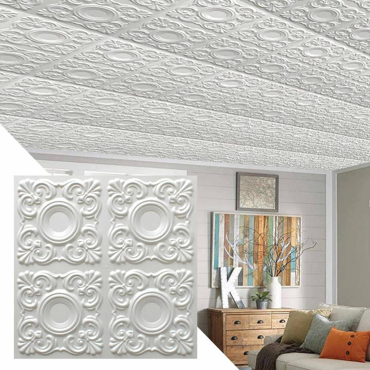 Dalles de plafond en PVC, 2 pi x 2 pi, à coller ou à encastrer, nettoyables, étanches - Formes modernes blanc perle pour la vente par Dundee Deco