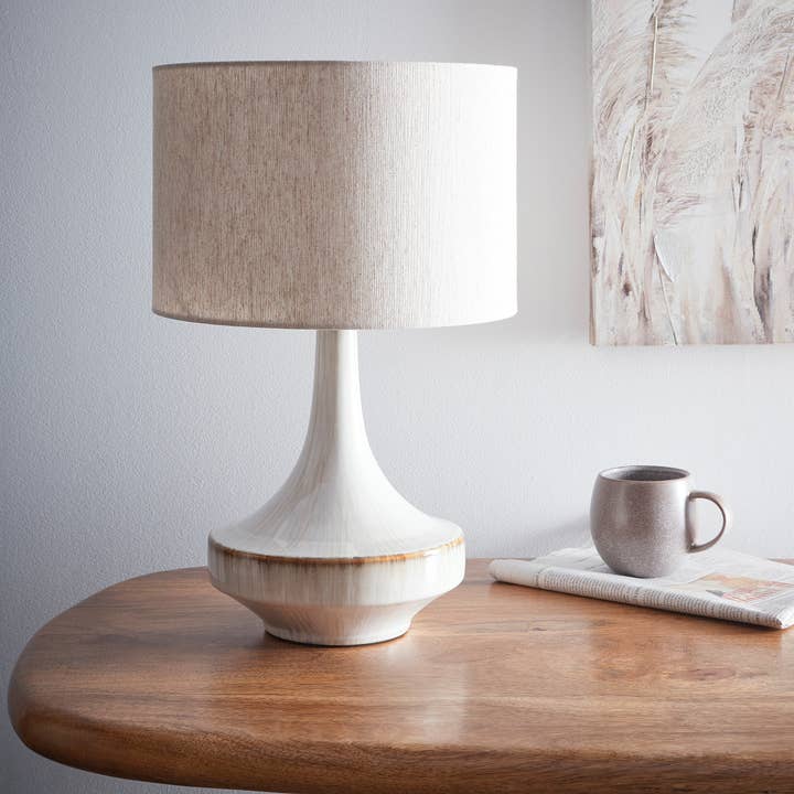 Stunning Ceramic Table Lamp with a Fired Glased Lamp base and a Long Neck design, including a Natural Linen Lampshade for wholesale by K LIVING