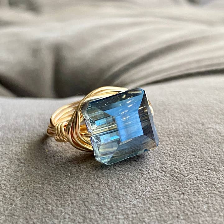 Marble Designs Jewelry - Wholesale Cocktail/Statement Ring - Blue Square Crystal Gold Wire Wrapped Ring StatementCocktail4