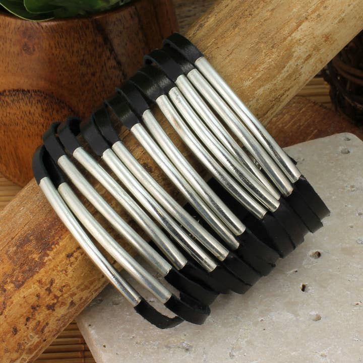 Black Leather & Silver Metal Bar Snap Cuff Bracelet for wholesale by ZAD