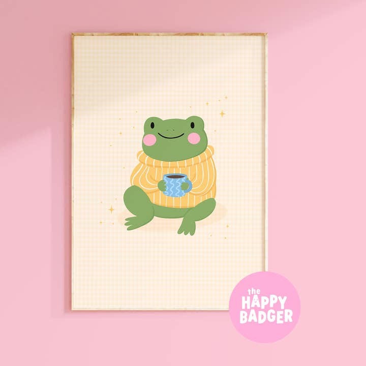 Cosy Frog Illustration Print in Yellow Gingham for wholesale by The Happy Badger