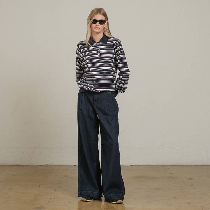 RAISONNEL - Wholesale Polo - Women's - Striped Polo Long Sleeve – Burgundy & Navy - RTK100811