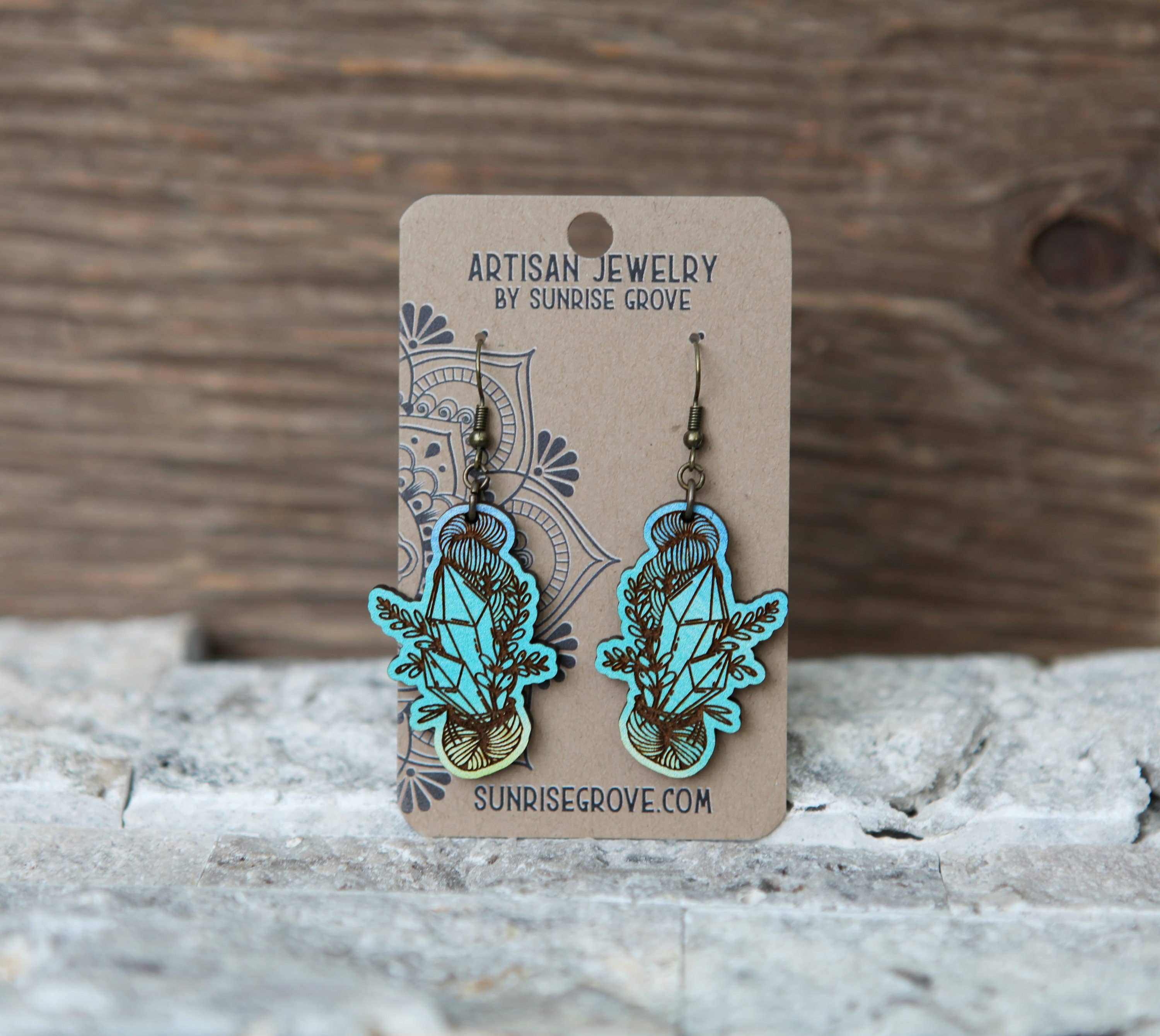 Sunrise Grove - Wholesale Dangle Earrings - Crystals & Leaves Yarn Hank Earrings Fiber Witchy Style