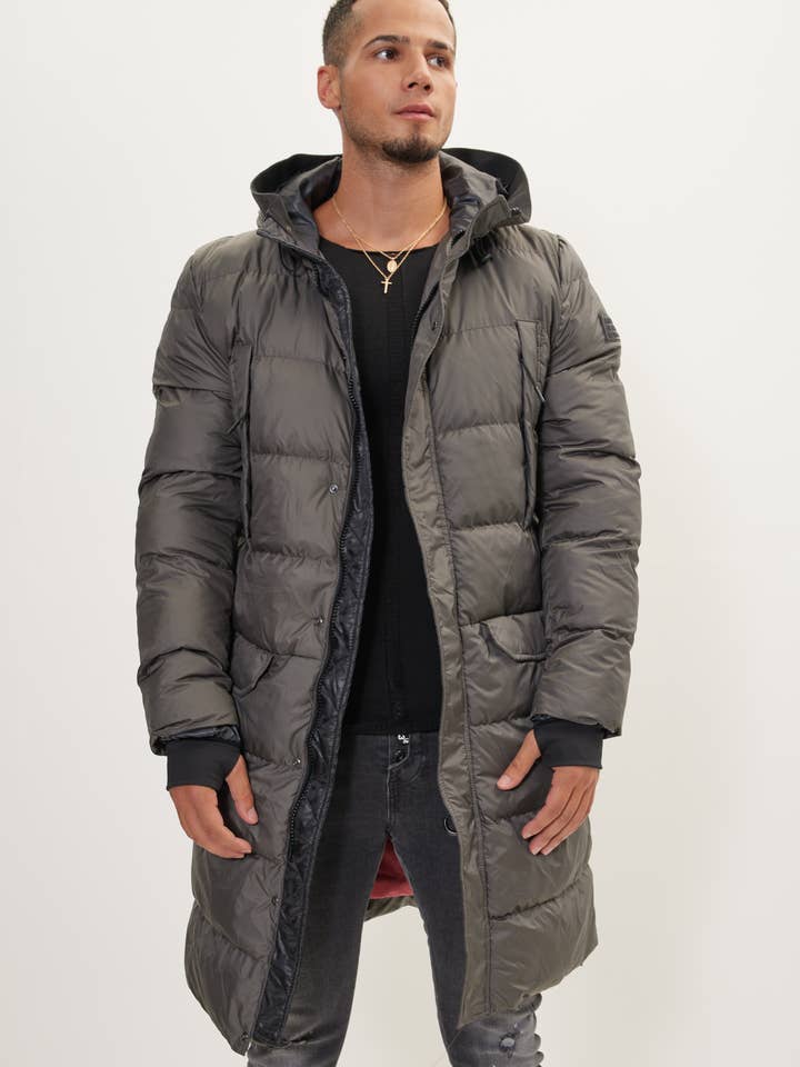 Brede, lange gewatteerde jas voor heren, antraciet voor wholesale door Ron Tomson